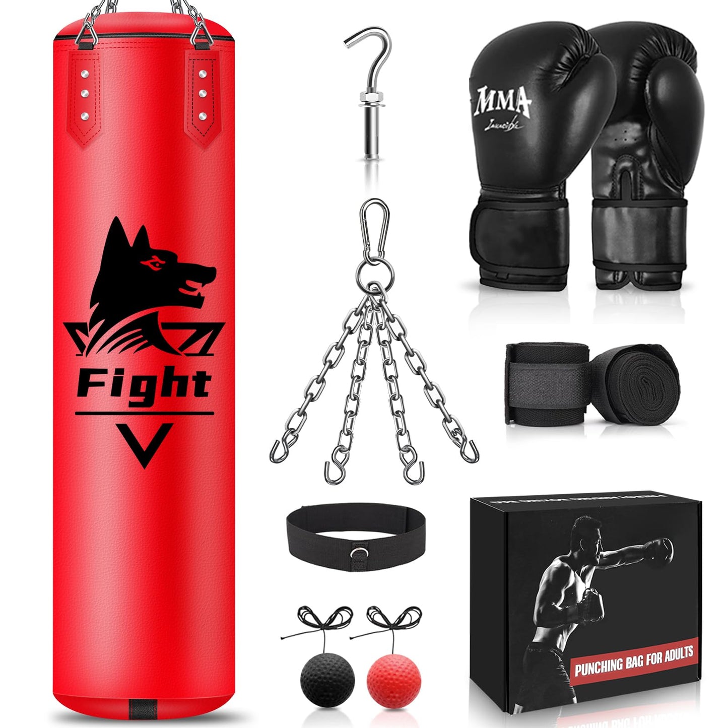 4FT Hanging Punching Bag for Adults Super PU Leather Boxing Training Equipment Heavy Bag with 12OZ MMA Gloves Unfilled Kicking Bag Boxing Set for Training Karate Kickboxing Muay Thai