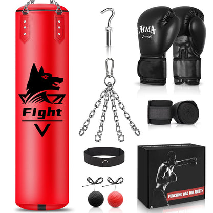 4FT Hanging Punching Bag for Adults Super PU Leather Boxing Training Equipment Heavy Bag with 12OZ MMA Gloves Unfilled Kicking Bag Boxing Set for Training Karate Kickboxing Muay Thai
